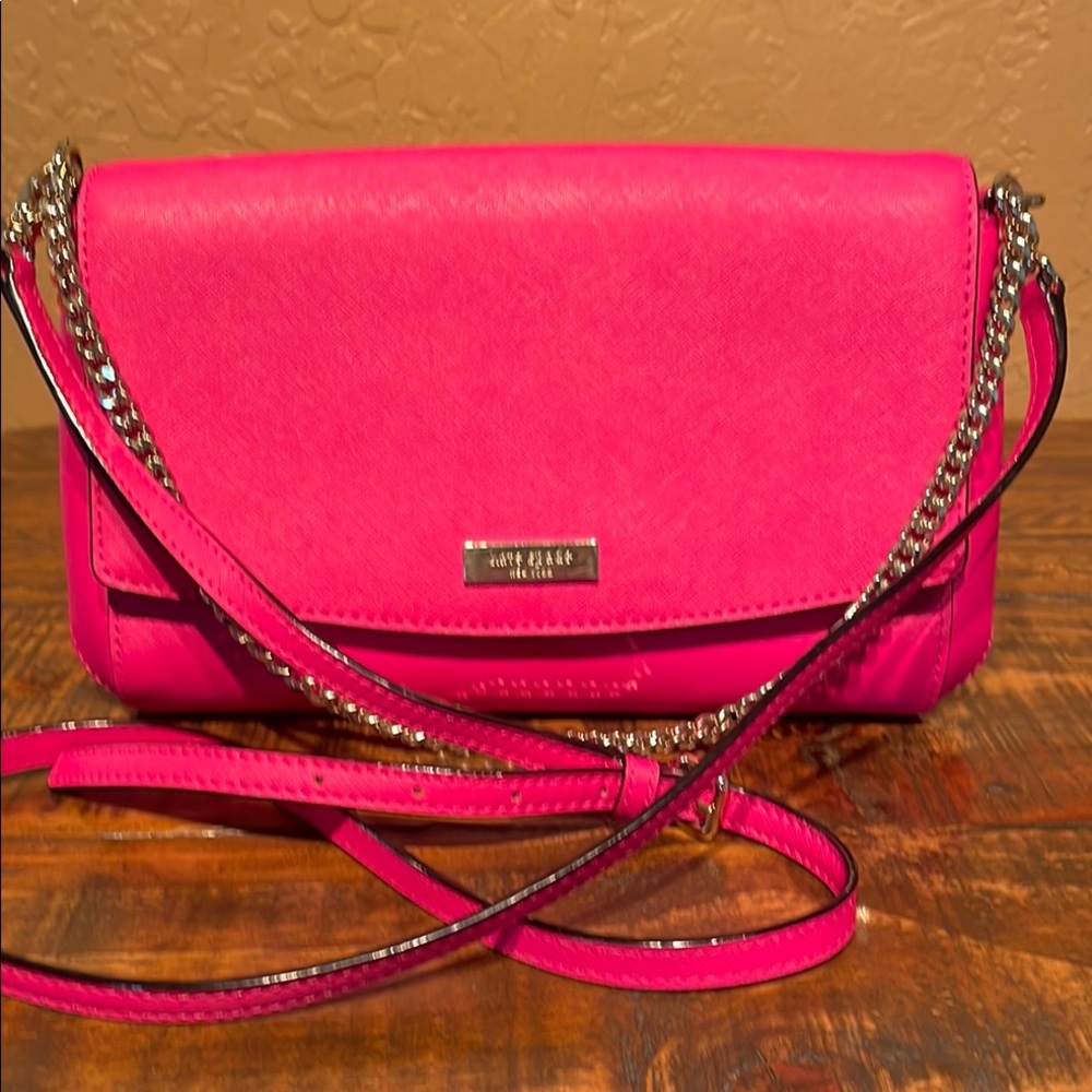 Kate Spade Hot Pink Leather Crossbody Bag with Silver Chain